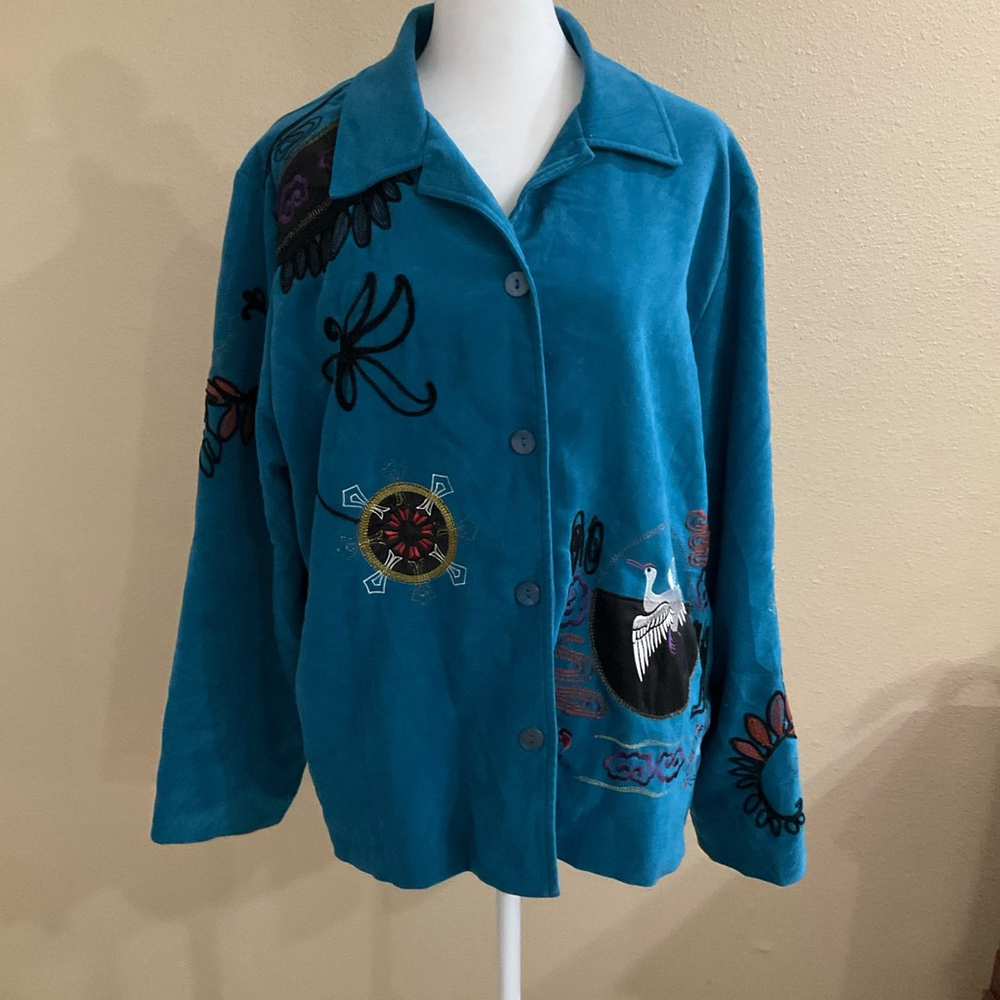 Vintage Graff Teal Western Artsy Boho Embroidered Button-Up Jacket Womens Large